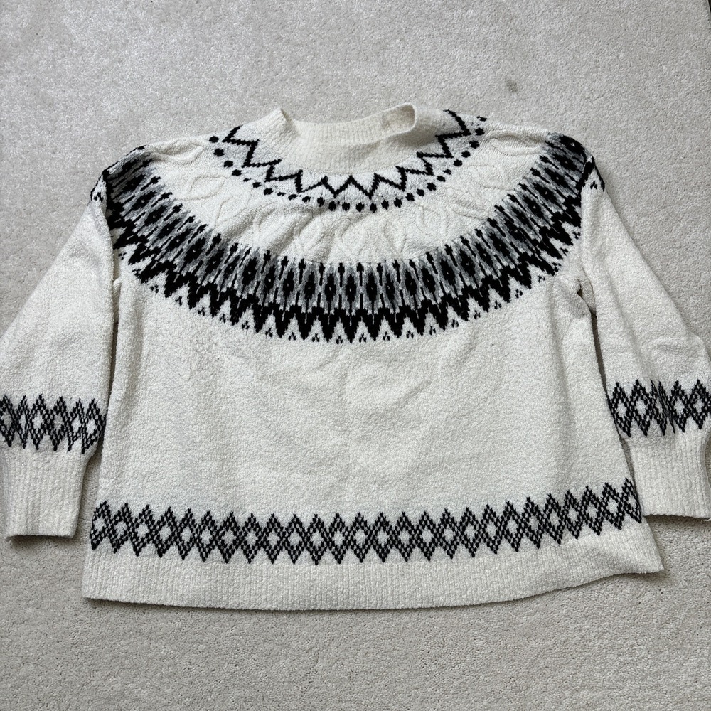 J.Jill Fair Isle Crewneck Sweater Black Cream Women's Size XL Cotton Blend‎